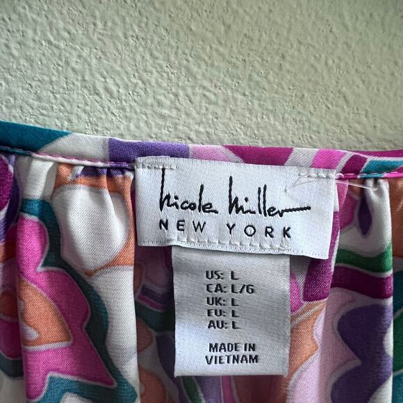 Nicole Miller Dress Womens L Pink Multi Satin Floral Abstract Pocket Ruffle Mini - Picture 4 of 10